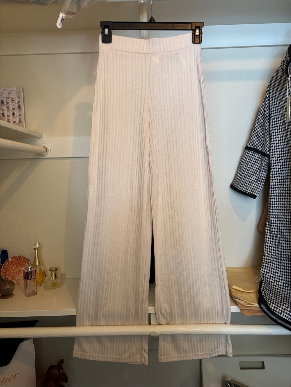 H&M Cream Ribbed Wide-Leg Knit Pants